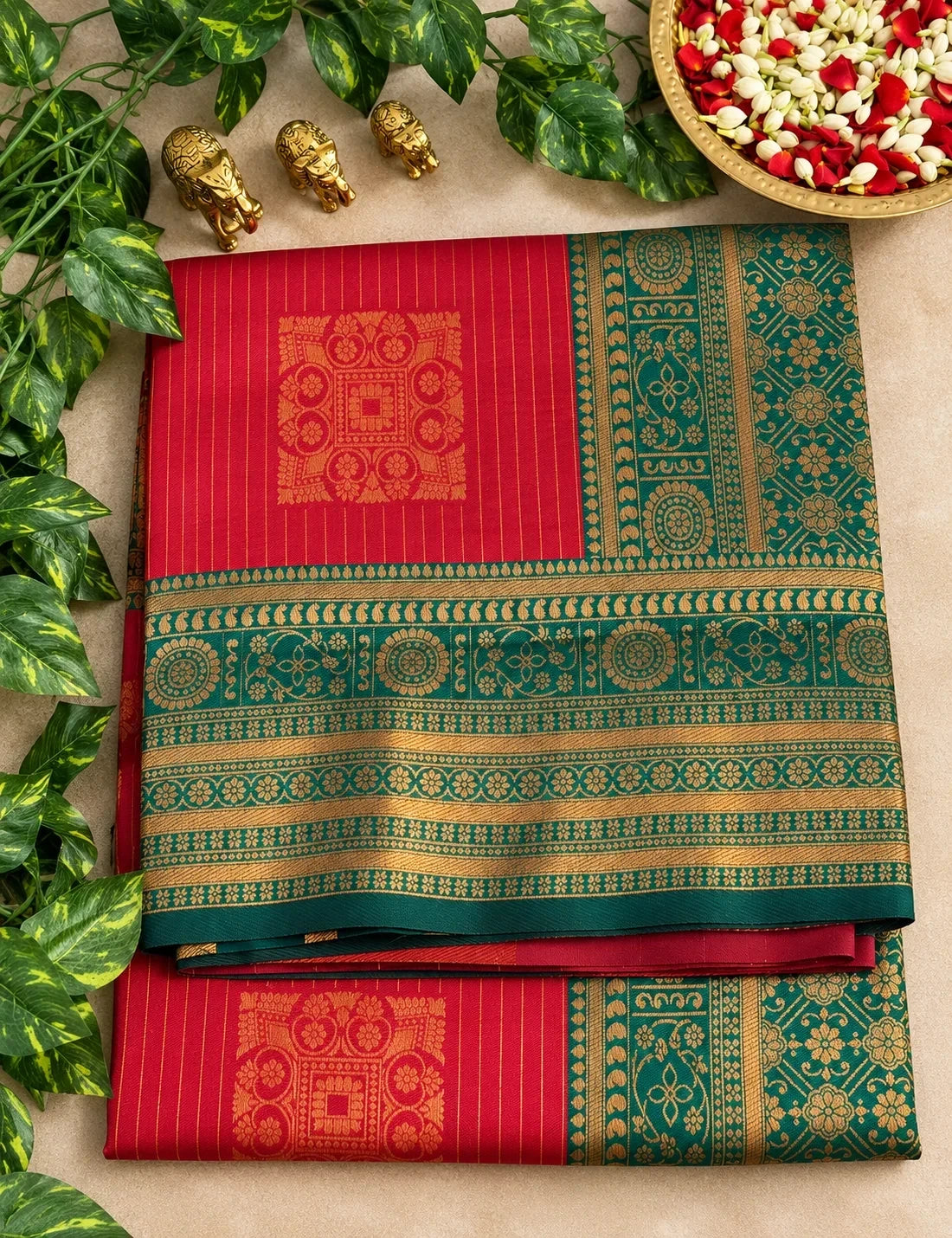 House Of Paramya red semi Kanchipuram silk saree with gold floral jaal, bottle green pallu, and ornate zari border.