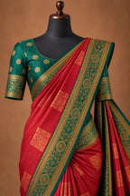 House Of Paramya red semi Kanchipuram silk saree with gold floral jaal, contrast bottle green pallu, and zari border.