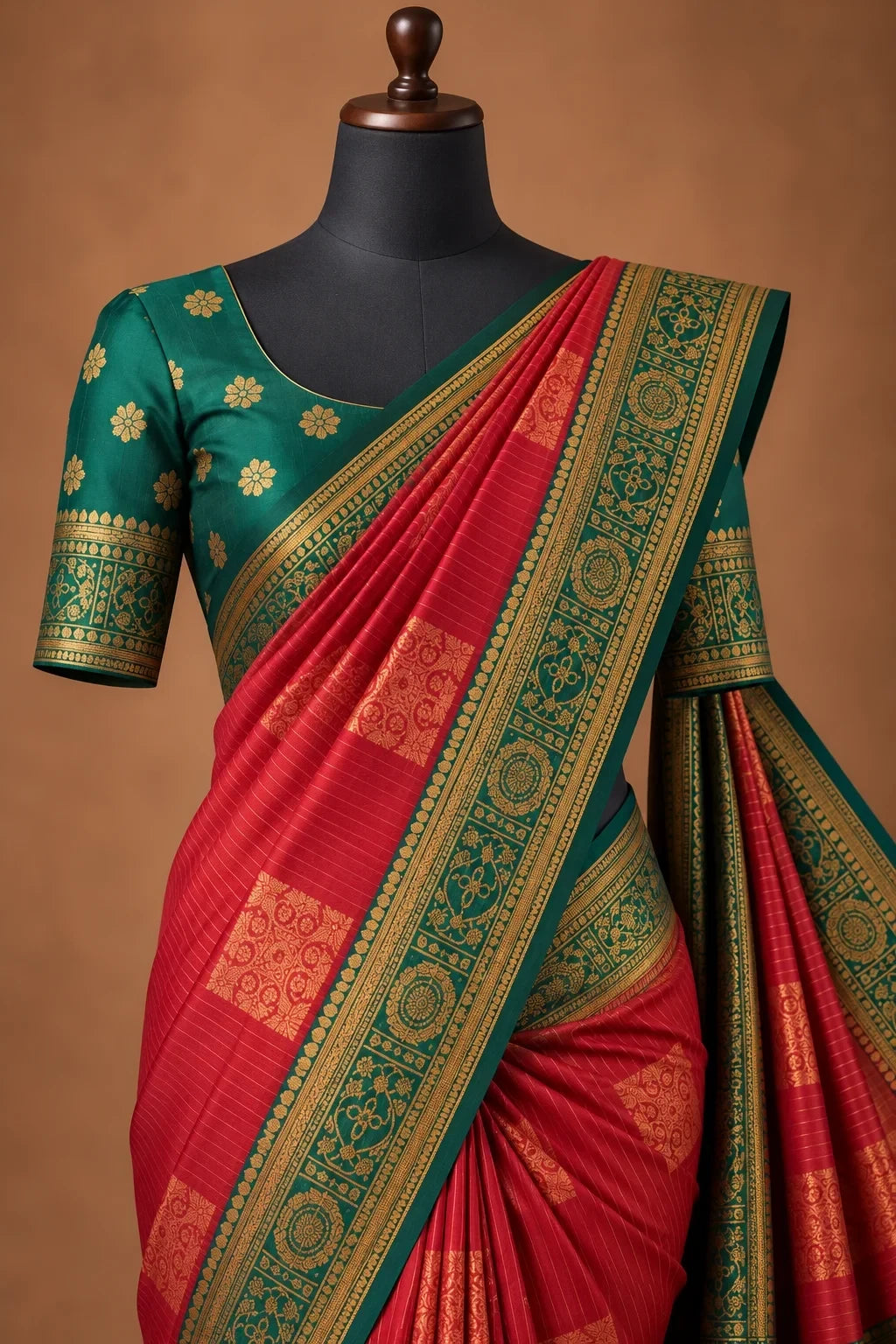 House Of Paramya red semi Kanchipuram silk saree with gold floral jaal, contrast bottle green pallu, and zari border.
