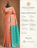 House Of Paramya rose gold and teal Banarasi silk saree with diamond lattice pattern and woven paisley border.