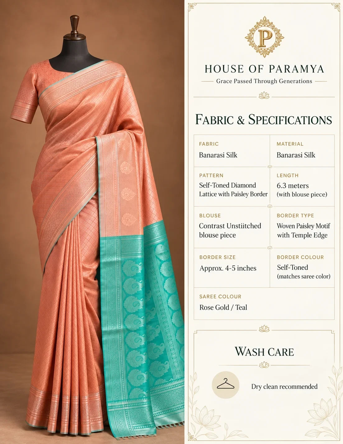 House Of Paramya rose gold and teal Banarasi silk saree with diamond lattice pattern and woven paisley border.