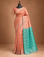 House Of Paramya rose gold and teal Banarasi silk saree with diamond lattice pattern and woven paisley border