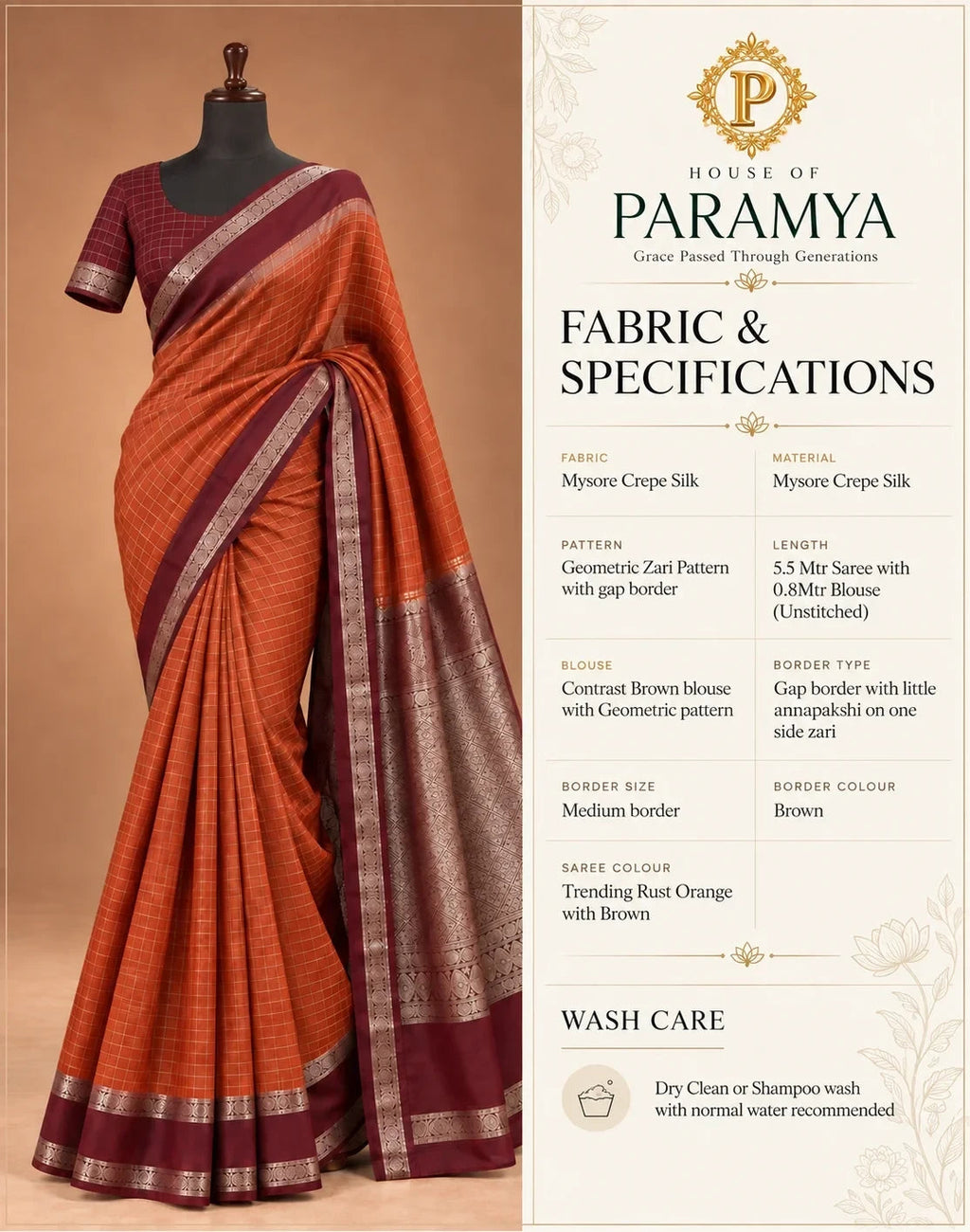 House Of Paramya rust orange Mysore silk saree with a deep brown geometric zari border and matching blouse piece.
