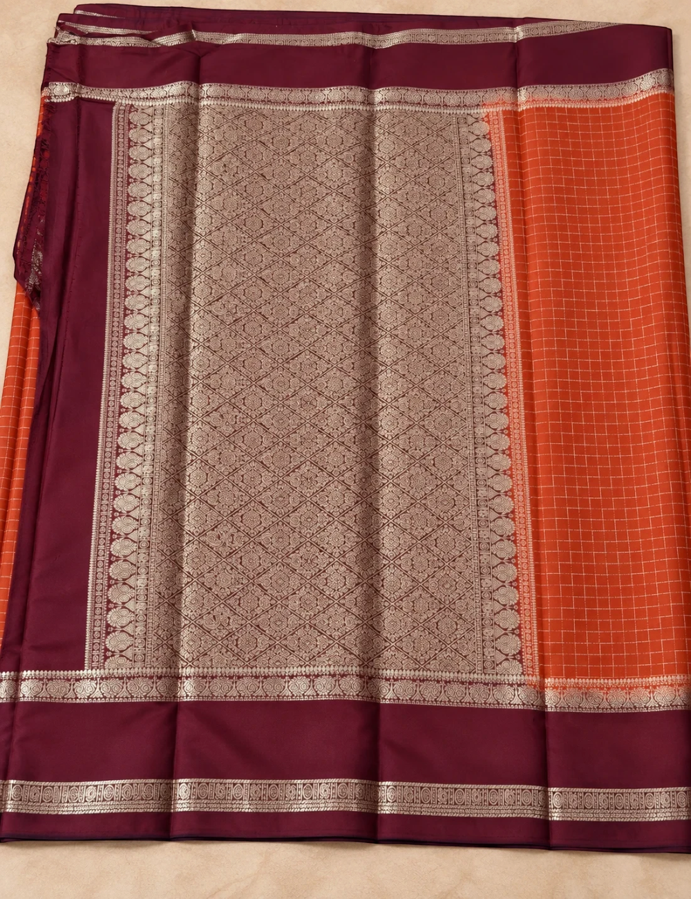 House Of Paramya rust orange and deep brown Mysore silk saree with intricate silver zari geometric patterns and border