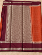House Of Paramya rust orange and deep brown Mysore silk saree with intricate silver zari geometric patterns and border