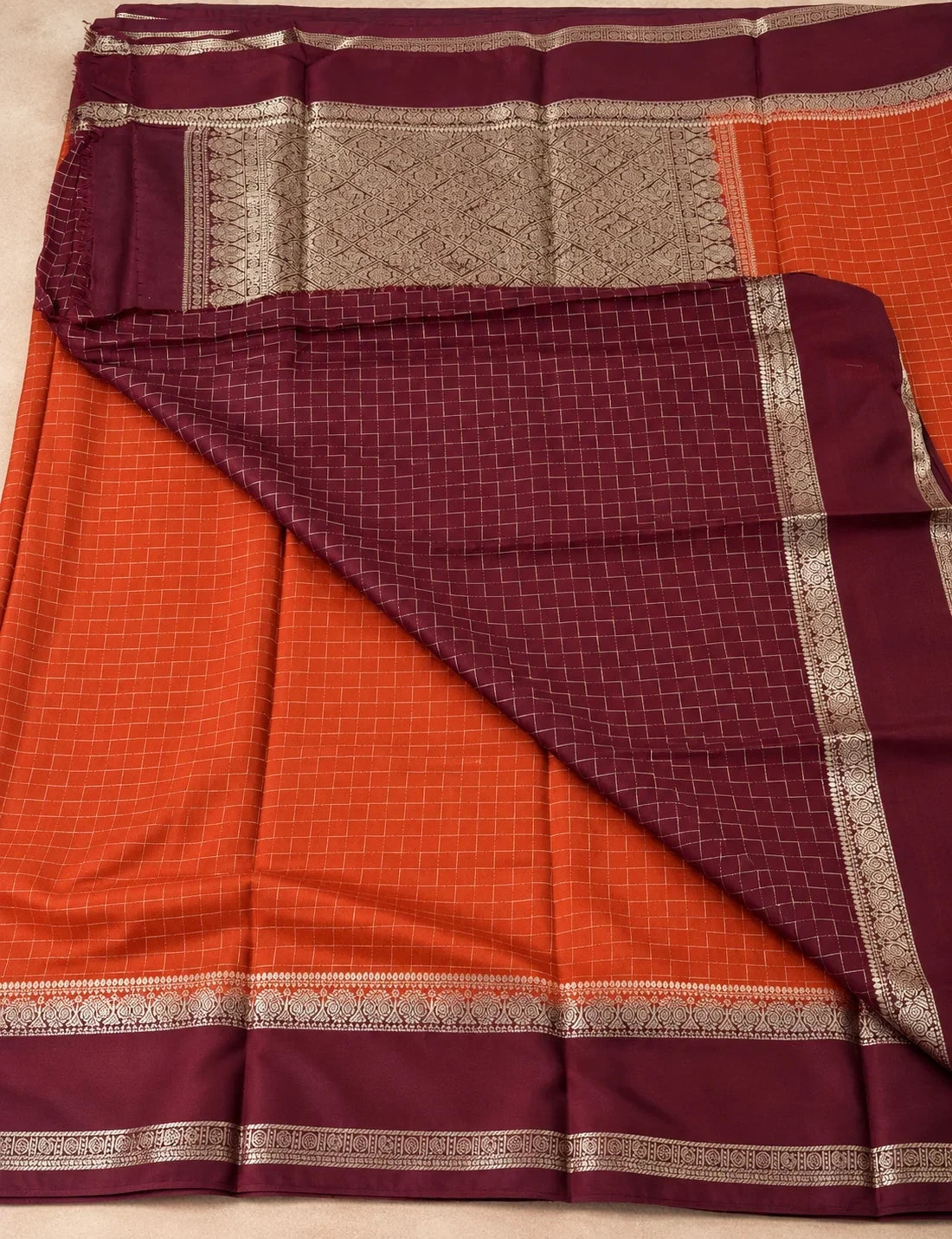 House Of Paramya rust orange and deep brown Mysore silk saree with geometric zari pattern and silver zari pallu