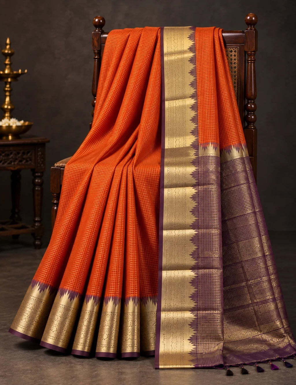 House Of Paramya rust orange Mysore crepe silk saree with gold zari temple border and charcoal-brown pallu