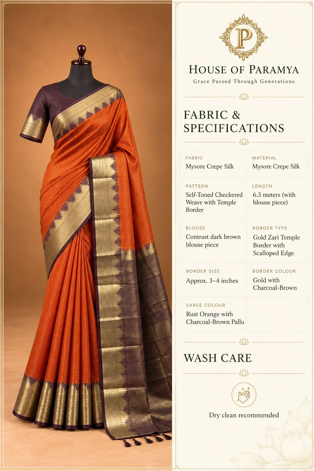 House Of Paramya rust orange Mysore crepe silk saree with a gold zari temple border and charcoal-brown pallu.
