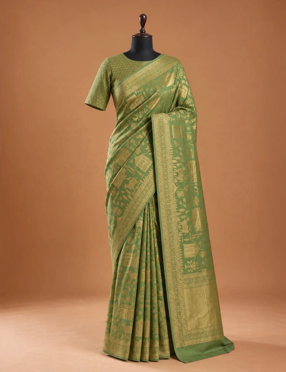 House Of Paramya sage green vegan viscose silk saree with gold zari pastoral brocade weave and geometric border