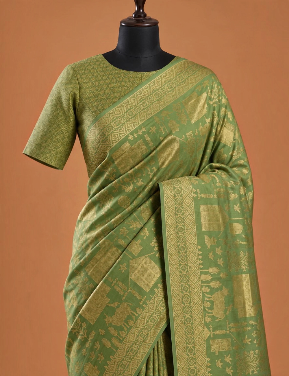 House Of Paramya sage green vegan viscose silk saree with gold zari pastoral brocade weave and geometric border