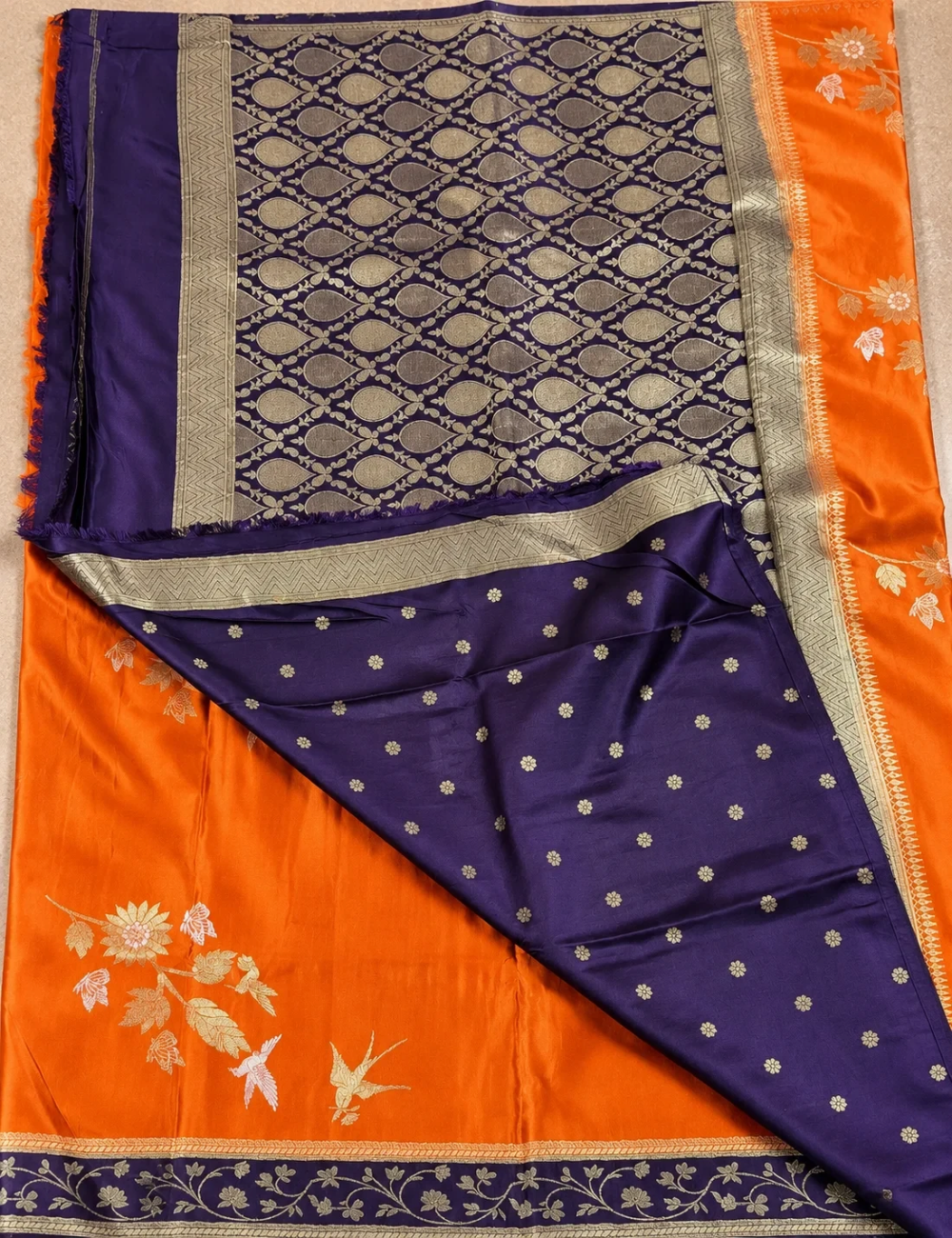 House Of Paramya orange and deep purple satin silk saree with woven Meenakari floral motifs and contrast zari border