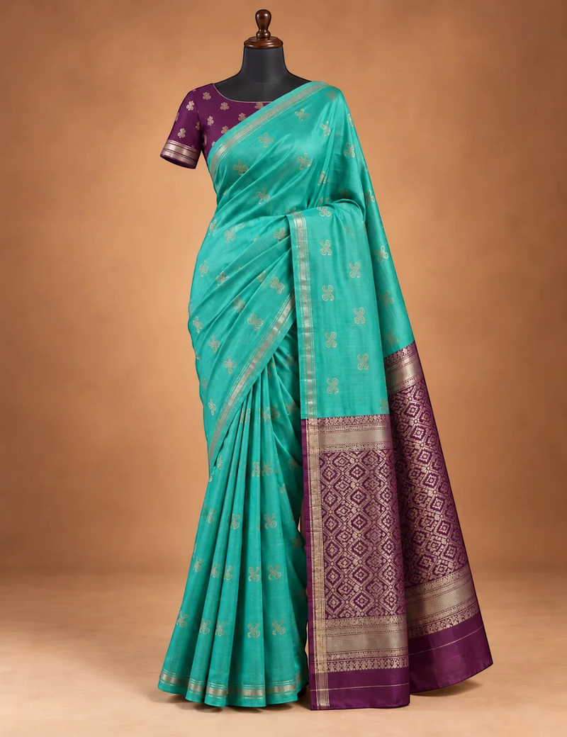 House Of Paramya light sea green Gajji silk saree with wine pallu, traditional Damarukkam motifs, and floral blouse.