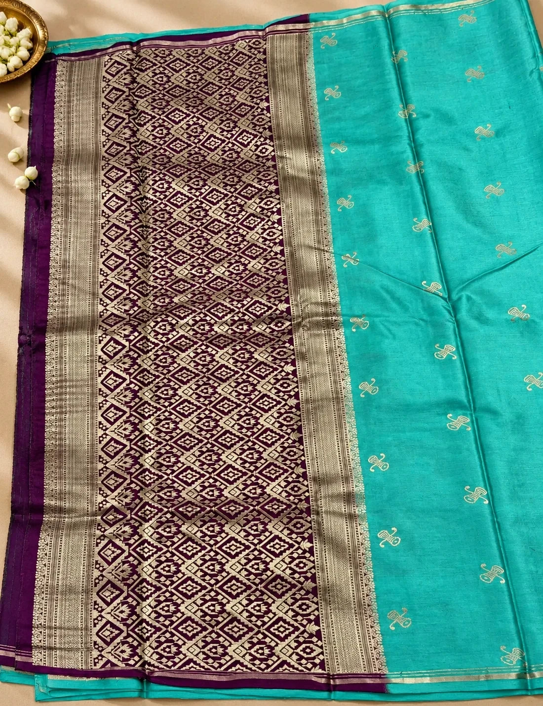 House Of Paramya light sea green Gajji silk saree with rich wine pallu featuring intricate traditional woven motifs