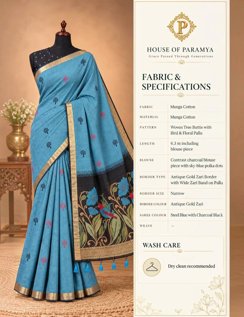 House Of Paramya steel blue Munga cotton saree with tree buttis, bird-floral pallu, and antique gold zari border.