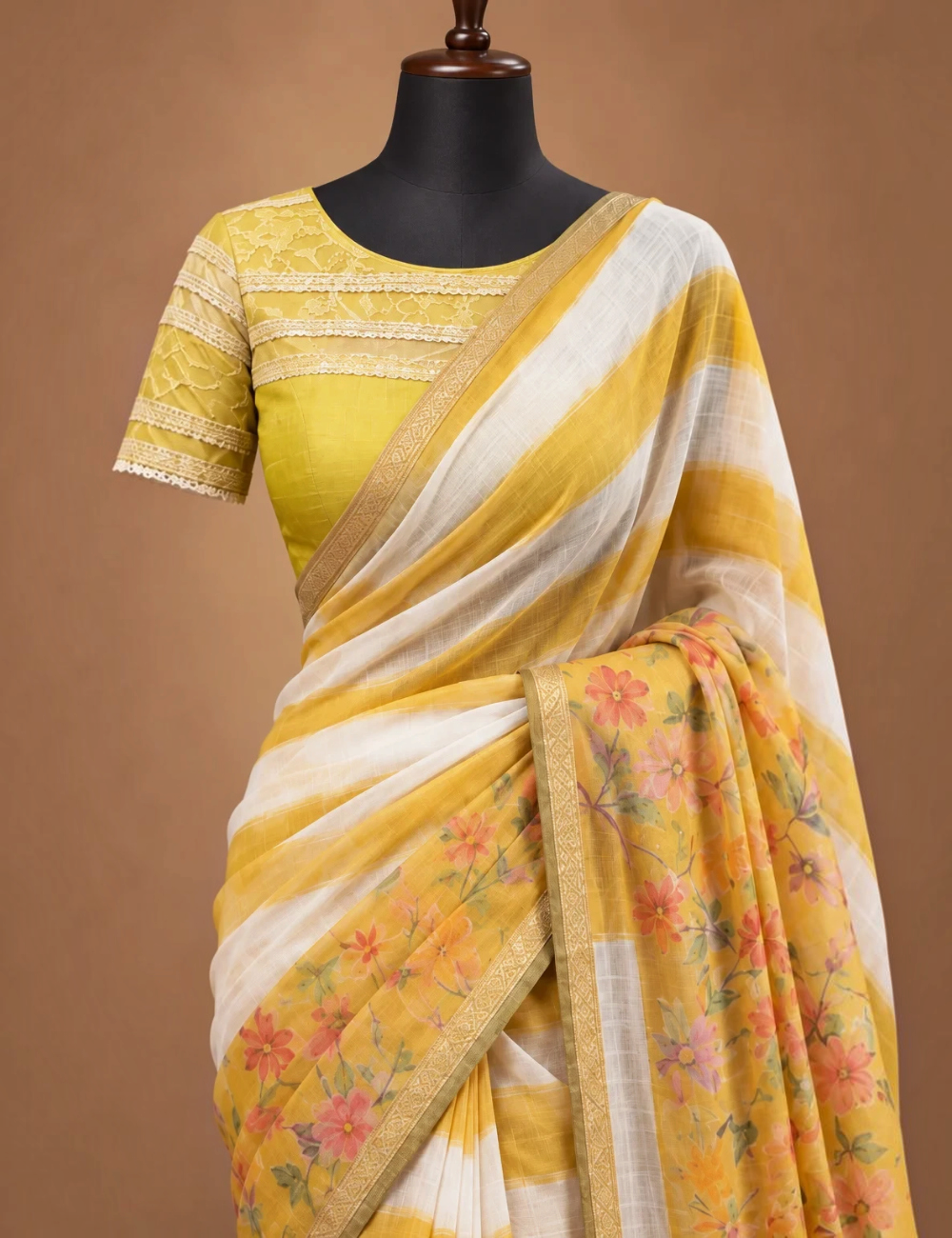 House Of Paramya yellow and white striped linen cotton saree with floral print panels and a gold-toned border.