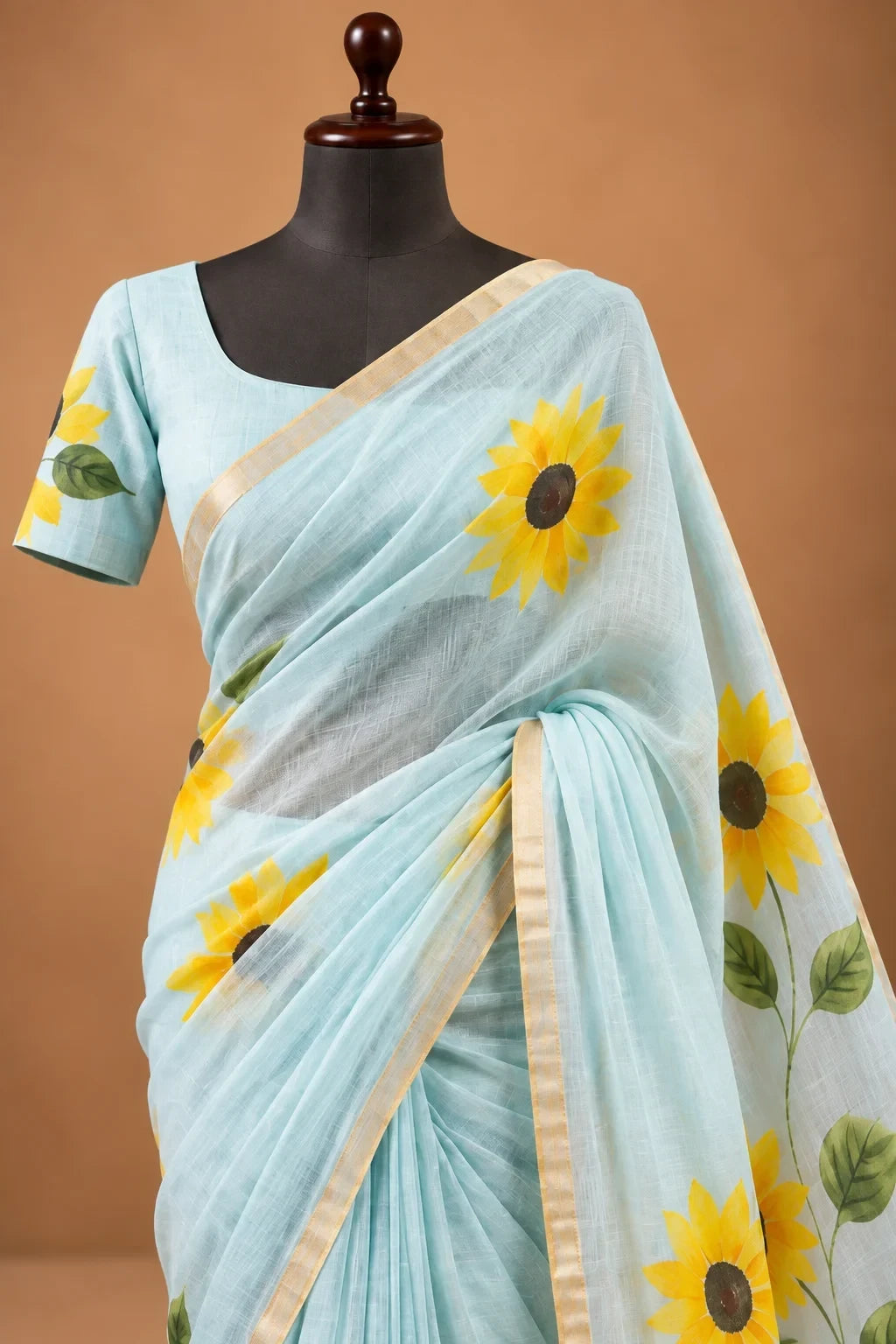 House Of Paramya powder blue linen cotton saree with vibrant sunflower prints and a delicate gold zari border.