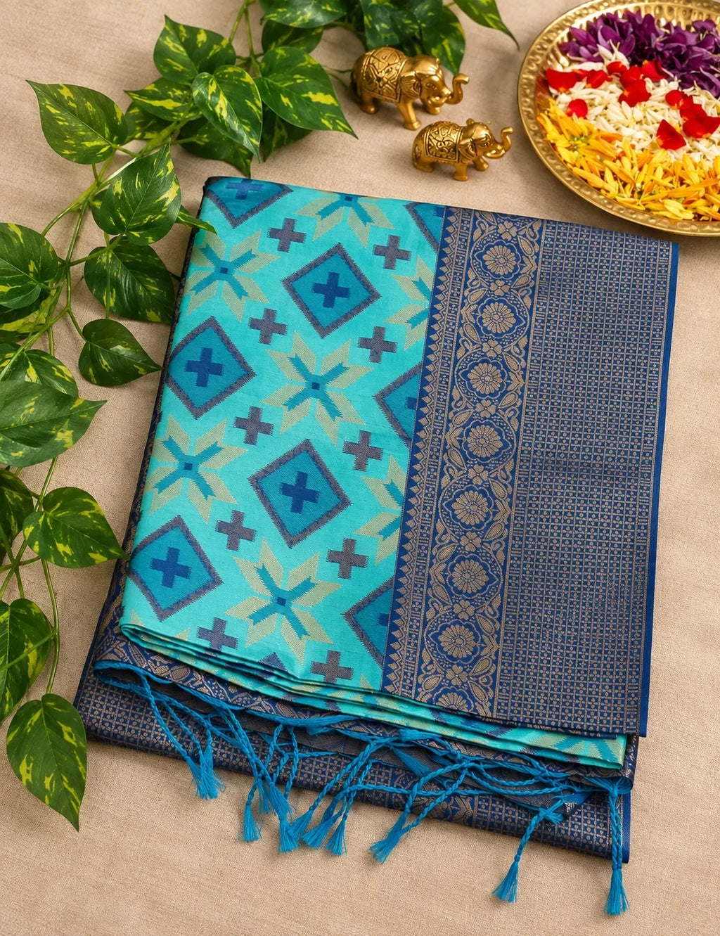 House Of Paramya teal blue Pochampally semi silk saree with geometric ikat pattern and navy zari temple border