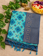 House Of Paramya teal blue Pochampally semi silk saree with geometric ikat pattern and navy zari temple border