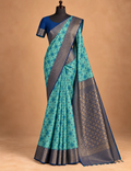 House Of Paramya teal blue Pochampally semi silk saree with geometric ikat pattern and navy zari temple border
