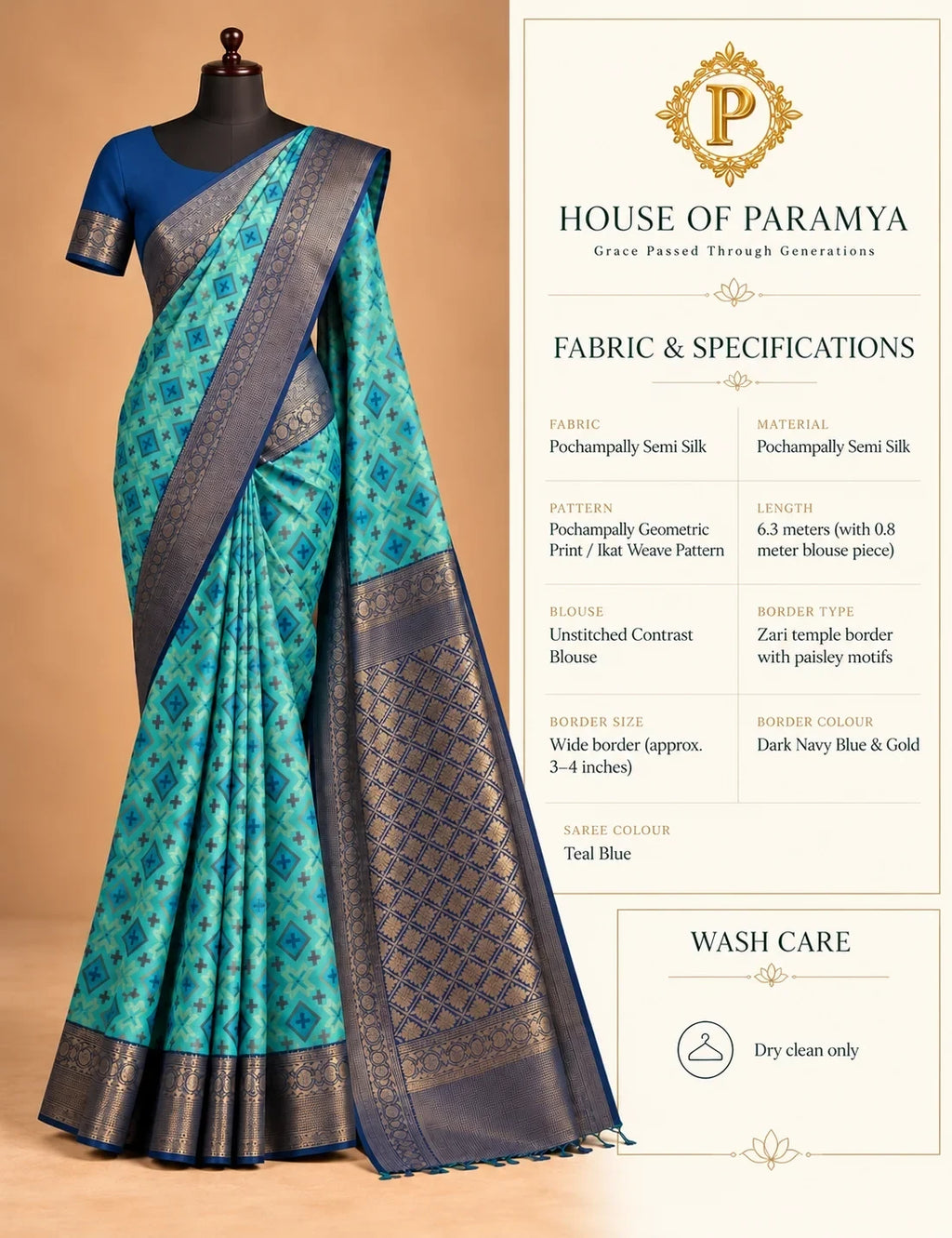 House Of Paramya teal blue Pochampally semi silk saree with geometric ikat pattern and navy zari temple border