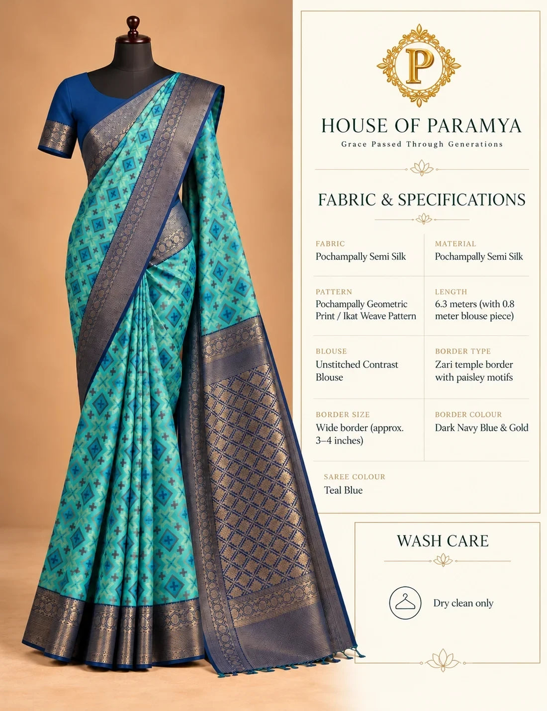 House Of Paramya teal blue Pochampally semi silk saree with geometric ikat pattern and navy zari temple border