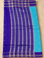House Of Paramya turquoise Assam cotton saree with gold buti weave and a contrast purple striped border