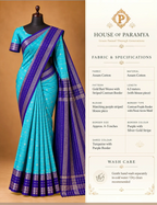 House Of Paramya turquoise Assam cotton saree with gold buti weave and a contrast purple striped border on a mannequin