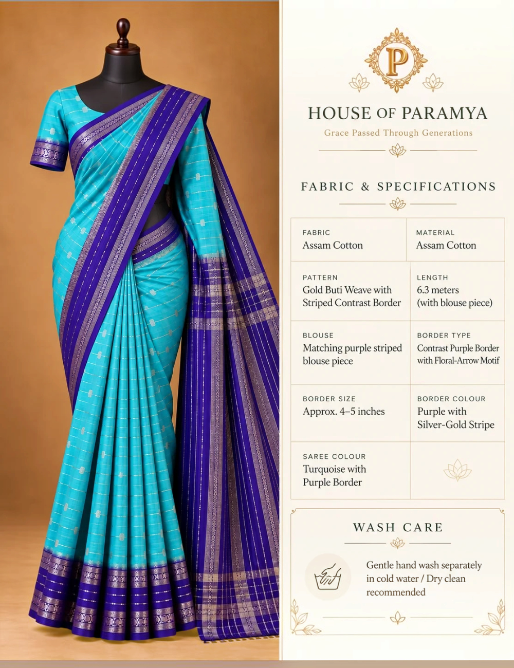 House Of Paramya turquoise Assam cotton saree with gold buti weave and a contrast purple striped border on a mannequin