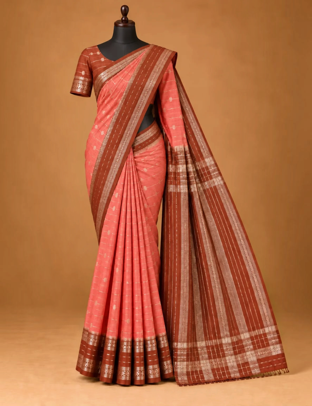 House Of Paramya turquoise Assam cotton saree with gold buti weave, purple striped border, and matching blouse piece.