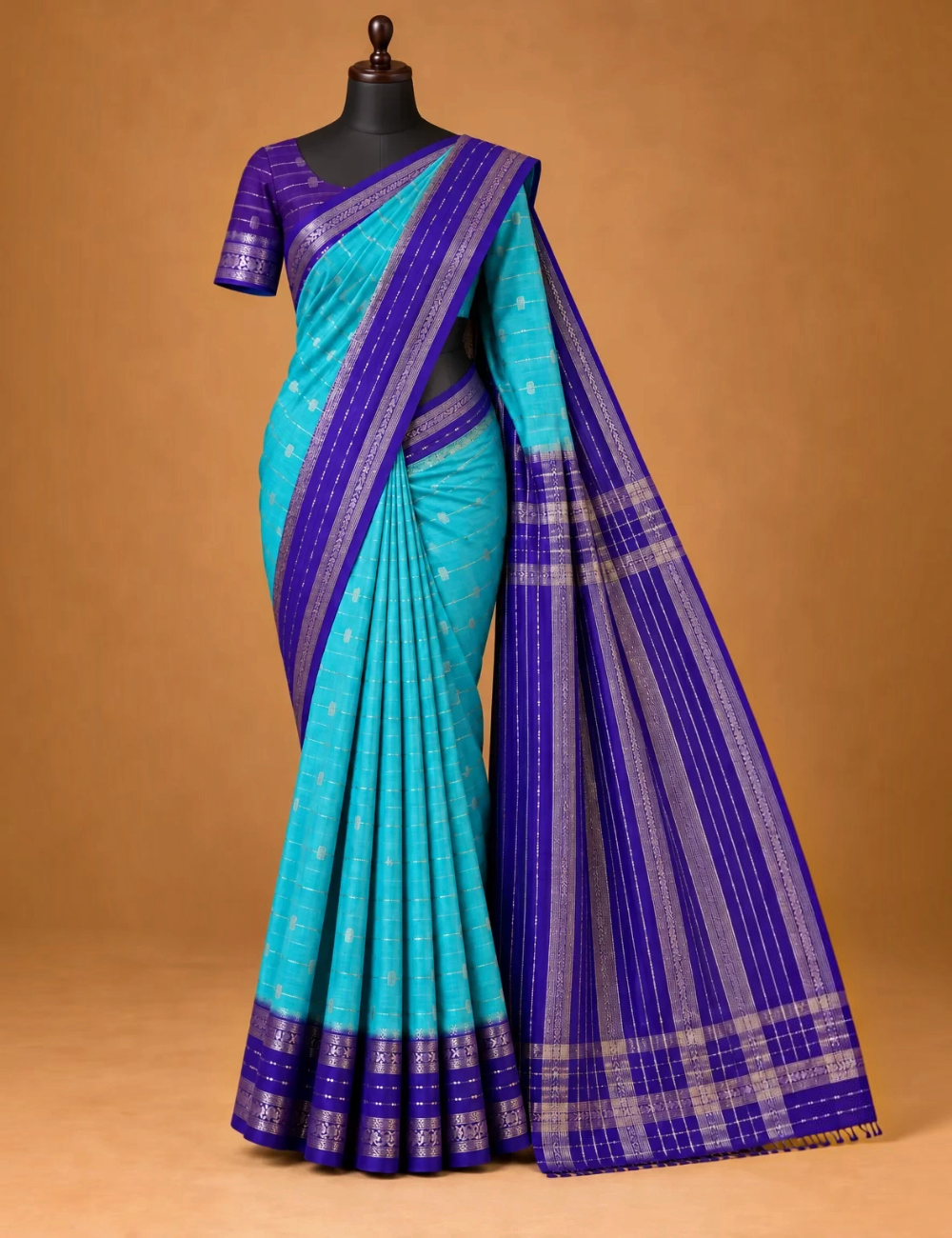 House Of Paramya turquoise Assam cotton saree with gold buti weave and a contrast purple striped border with motifs.