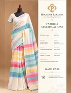 House Of Paramya white linen cotton saree featuring pastel rainbow stripes and a shimmering gold border