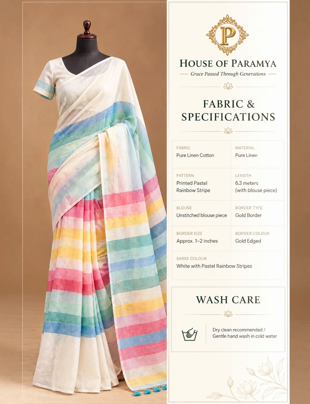 House Of Paramya white linen cotton saree featuring pastel rainbow stripes and a shimmering gold border