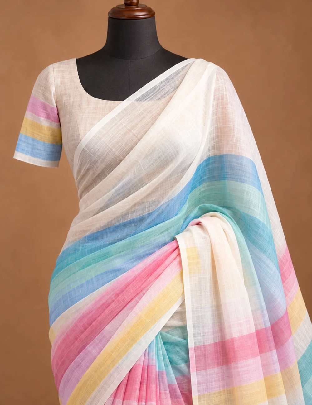 House Of Paramya white linen cotton saree featuring pastel rainbow stripes and a delicate gold border on a mannequin.