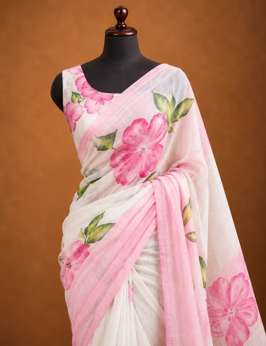 House Of Paramya white linen cotton saree featuring pink hibiscus floral prints and a delicate ombre border.