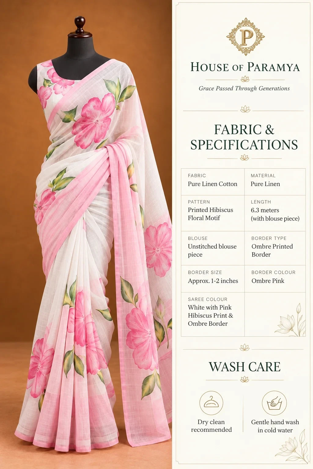 House Of Paramya white linen cotton saree featuring pink hibiscus floral prints and a delicate ombre border.