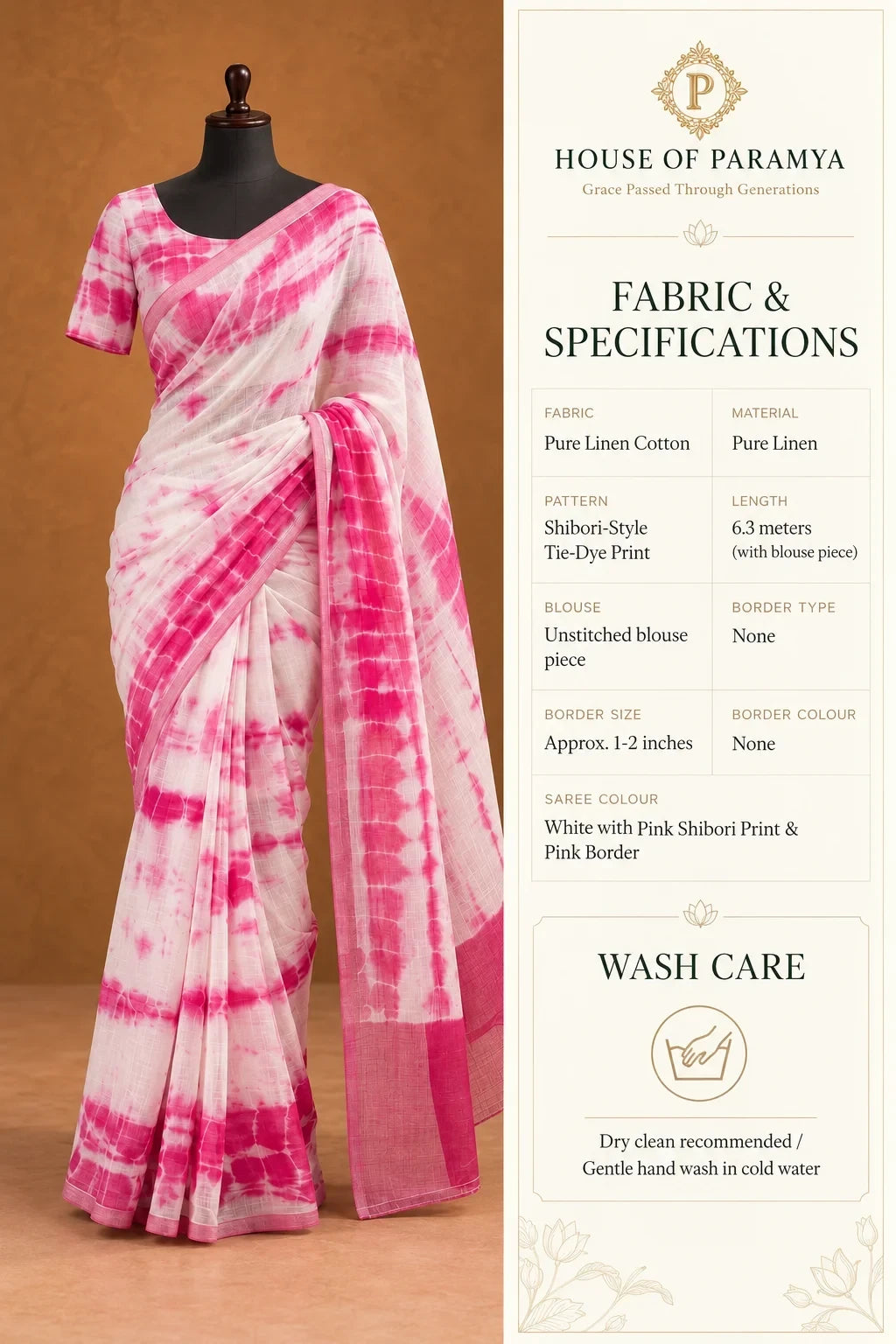House Of Paramya white linen cotton saree featuring a pink shibori tie-dye print and a solid pink border