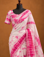 House Of Paramya white and pink shibori tie-dye linen cotton saree with a solid pink border on a mannequin