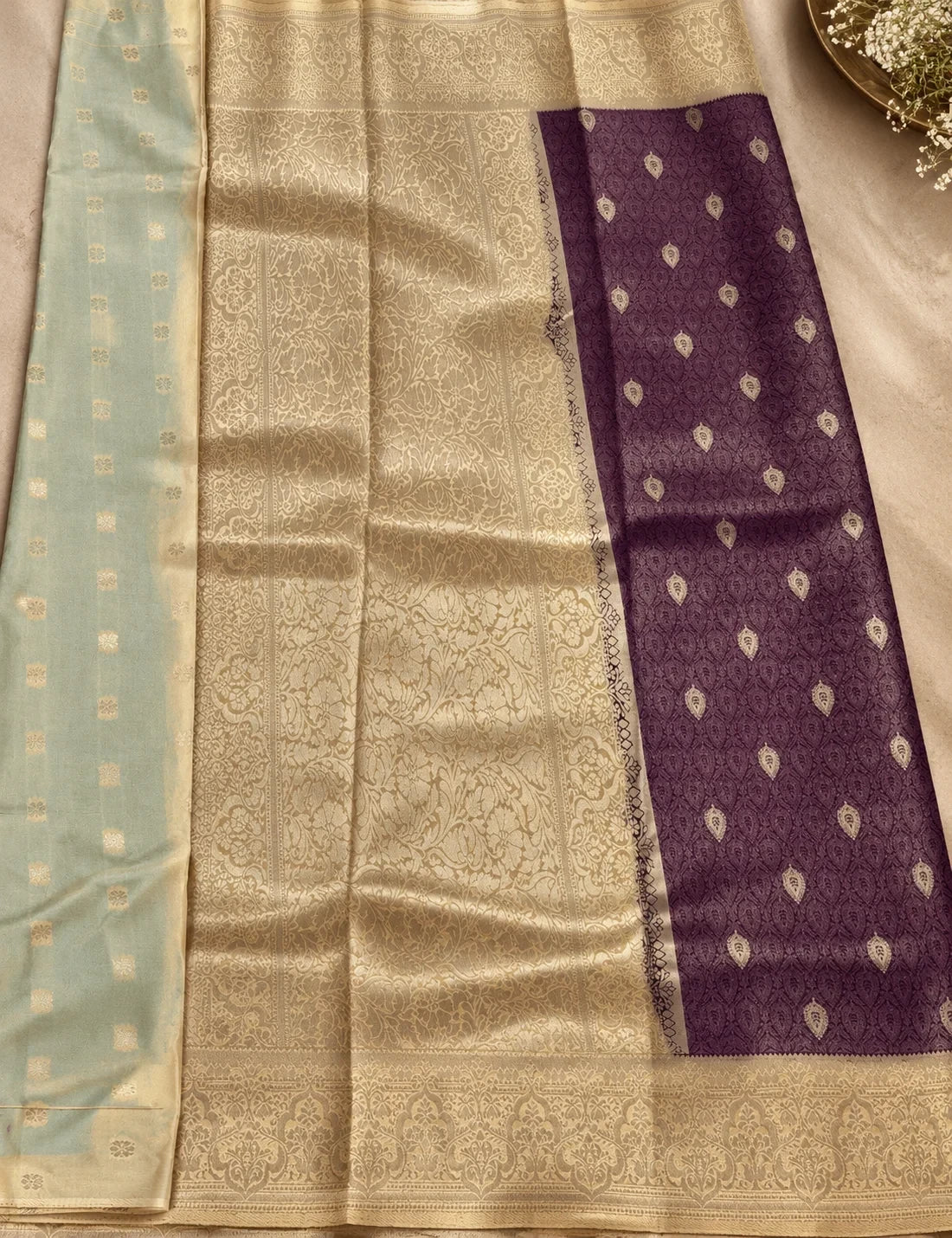 House Of Paramya deep wine tissue saree with beige leaf butta brocade weaving and a wide ornate temple border