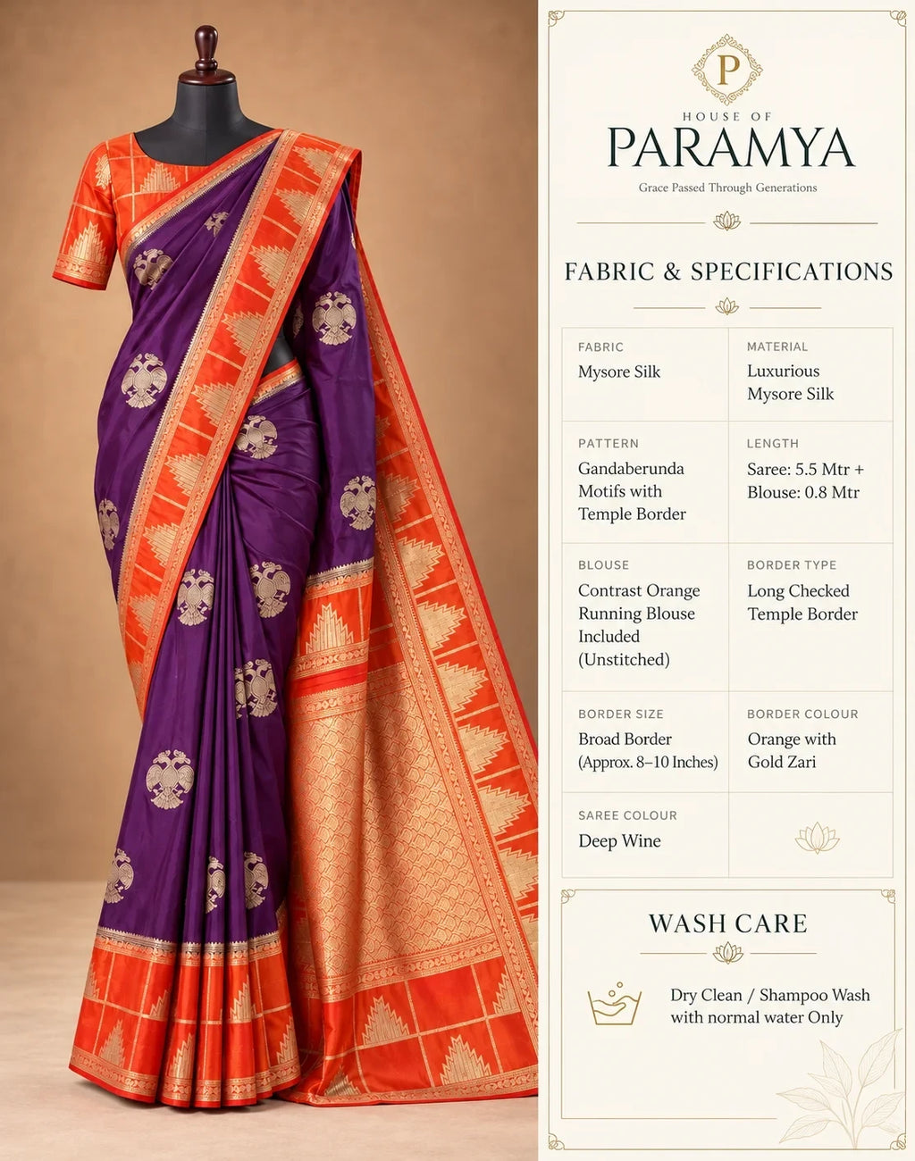 House Of Paramya deep wine Mysore silk saree with orange temple border and gold Gandaberunda motifs on a mannequin