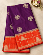 House Of Paramya deep wine Mysore silk saree with gold Gandaberunda motifs and a vibrant orange temple border.
