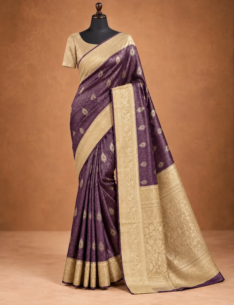 House Of Paramya deep wine tissue saree with gold leaf butta brocade and a wide beige border on a mannequin