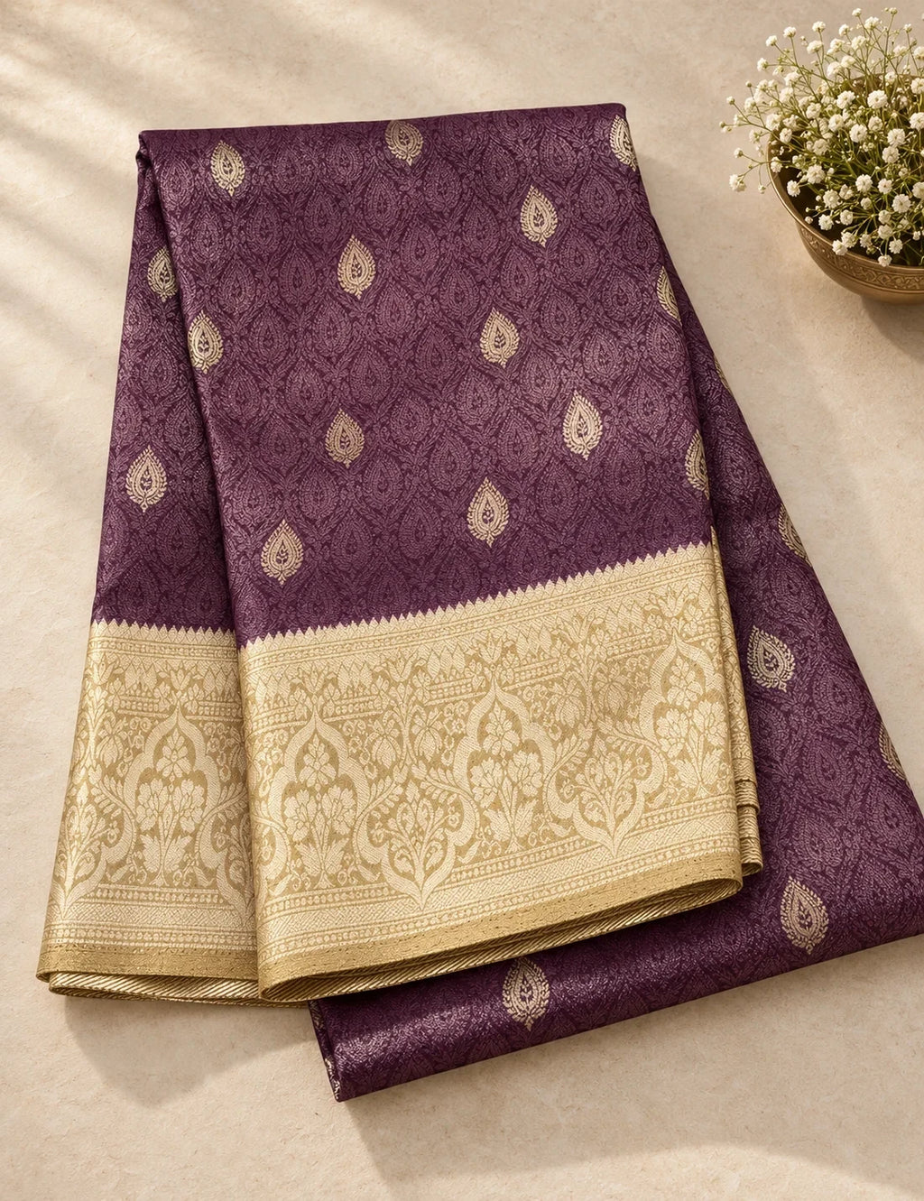 House Of Paramya deep wine tissue saree with gold leaf butta brocade and a contrasting beige temple border