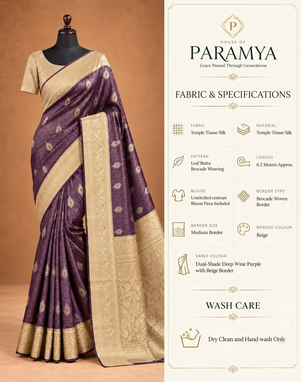 House Of Paramya deep wine temple tissue silk saree with beige leaf butta brocade border on a mannequin