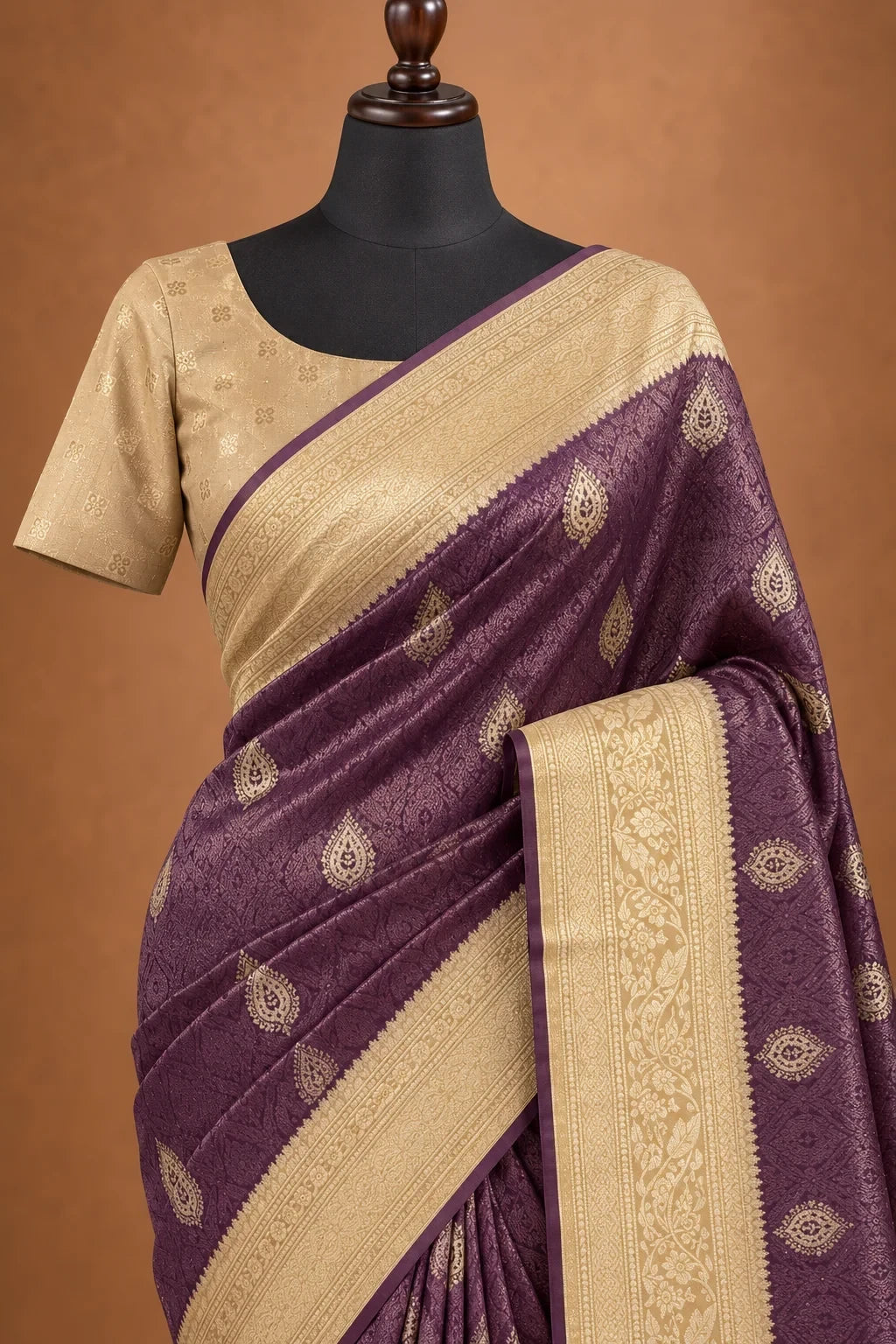 House Of Paramya deep wine dual-shade tissue saree with beige leaf butta brocade weaving and ornate border on mannequin