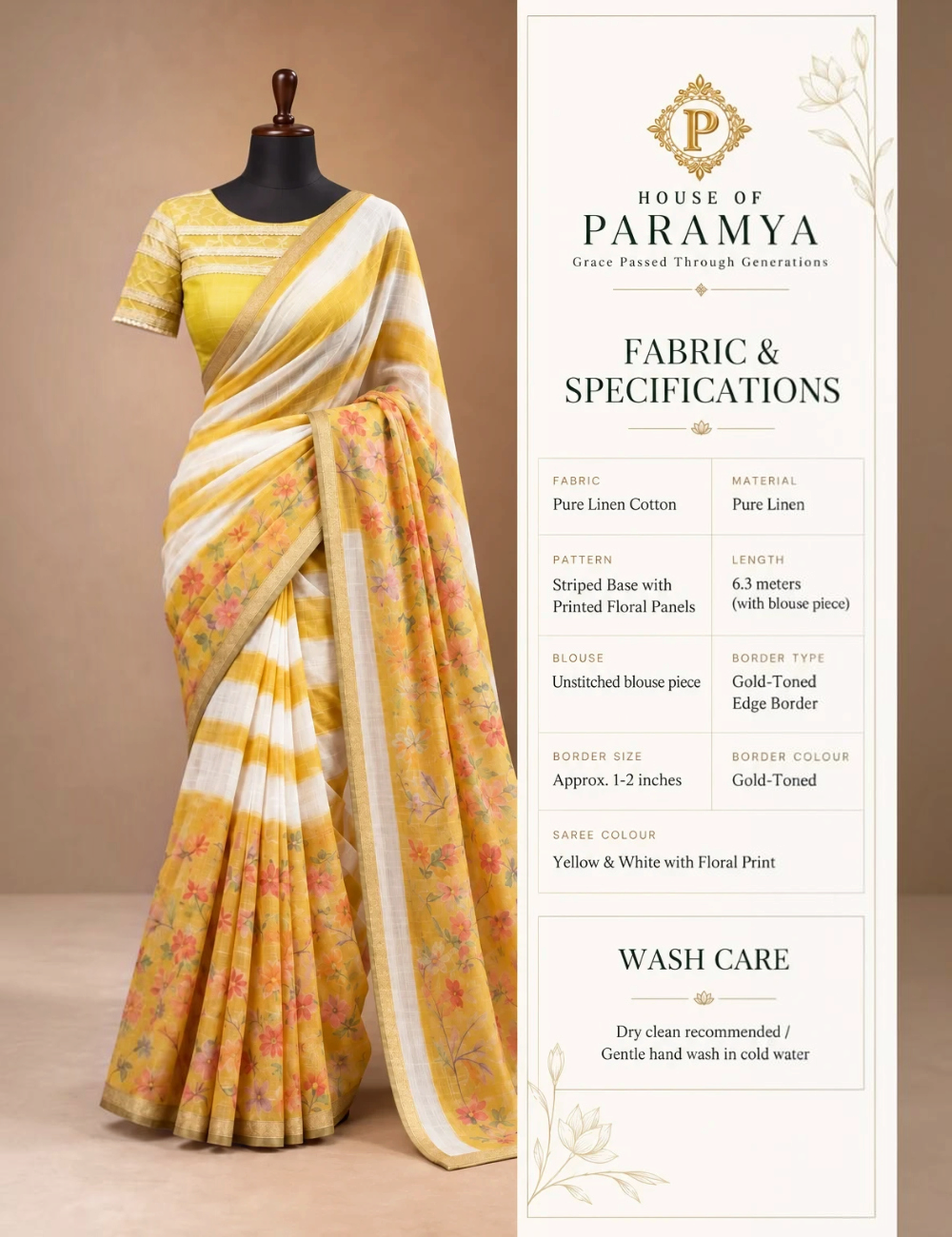 House Of Paramya yellow and white striped linen cotton saree featuring floral panels and a gold-toned border.