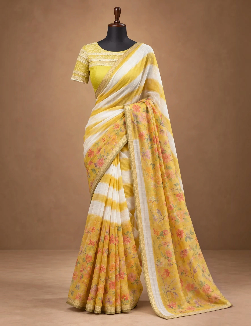 House Of Paramya yellow and white striped linen cotton saree with floral print panels and a gold-toned edge border.