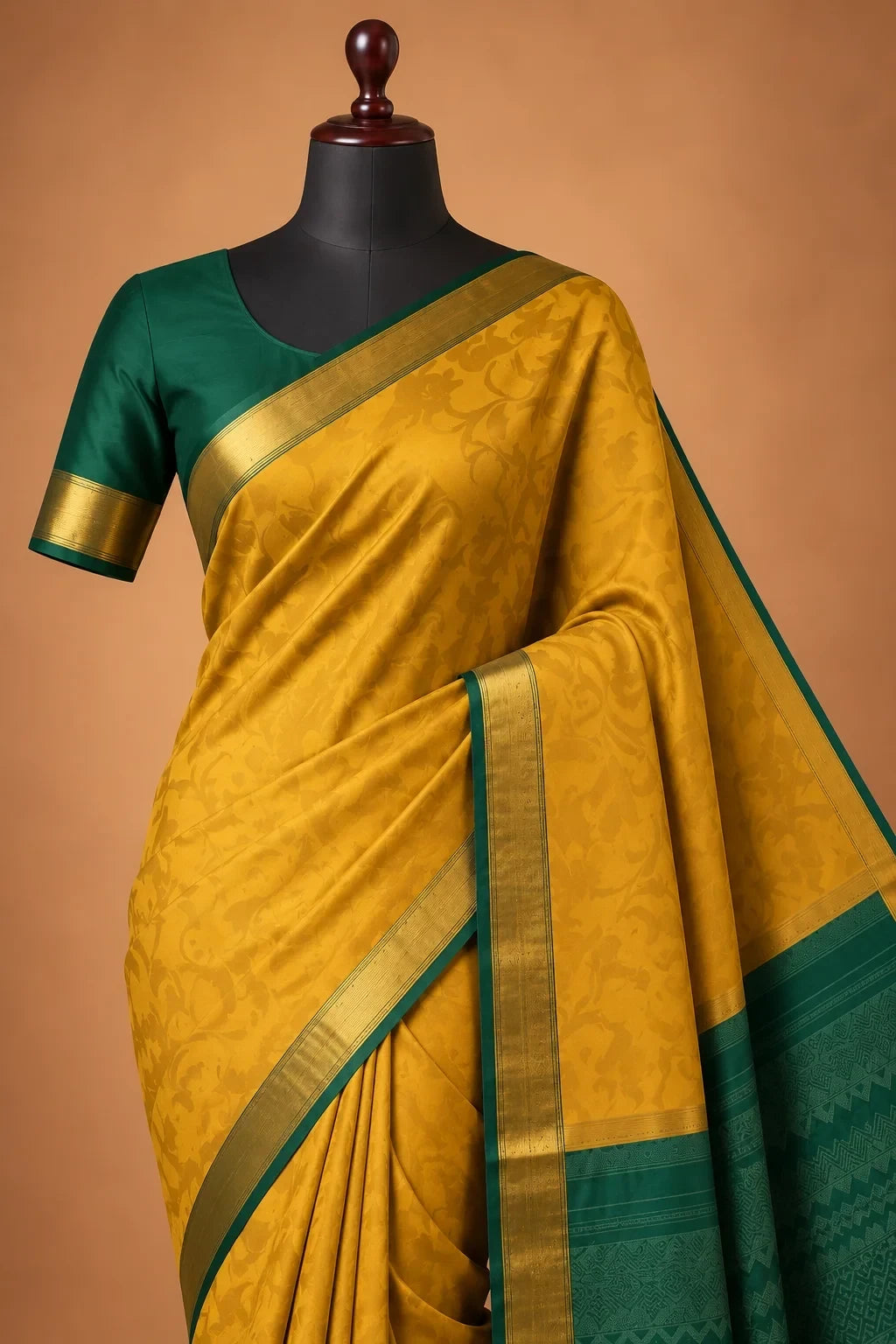 House Of Paramya yellow pure silk saree with a minimal green border and subtle floral jacquard pattern on a mannequin.