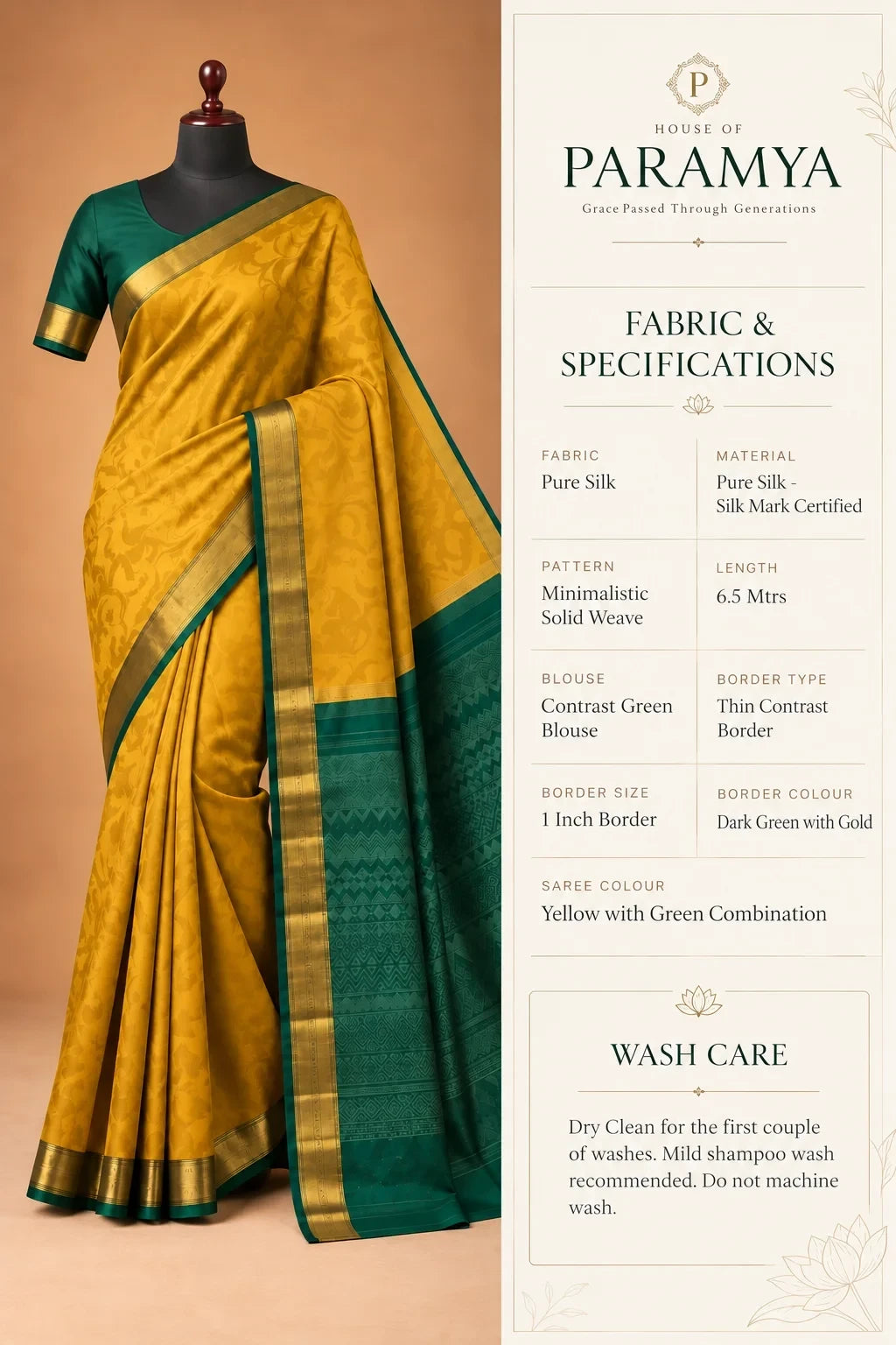 House Of Paramya yellow pure silk saree with a minimal green border and matching contrast blouse on a mannequin