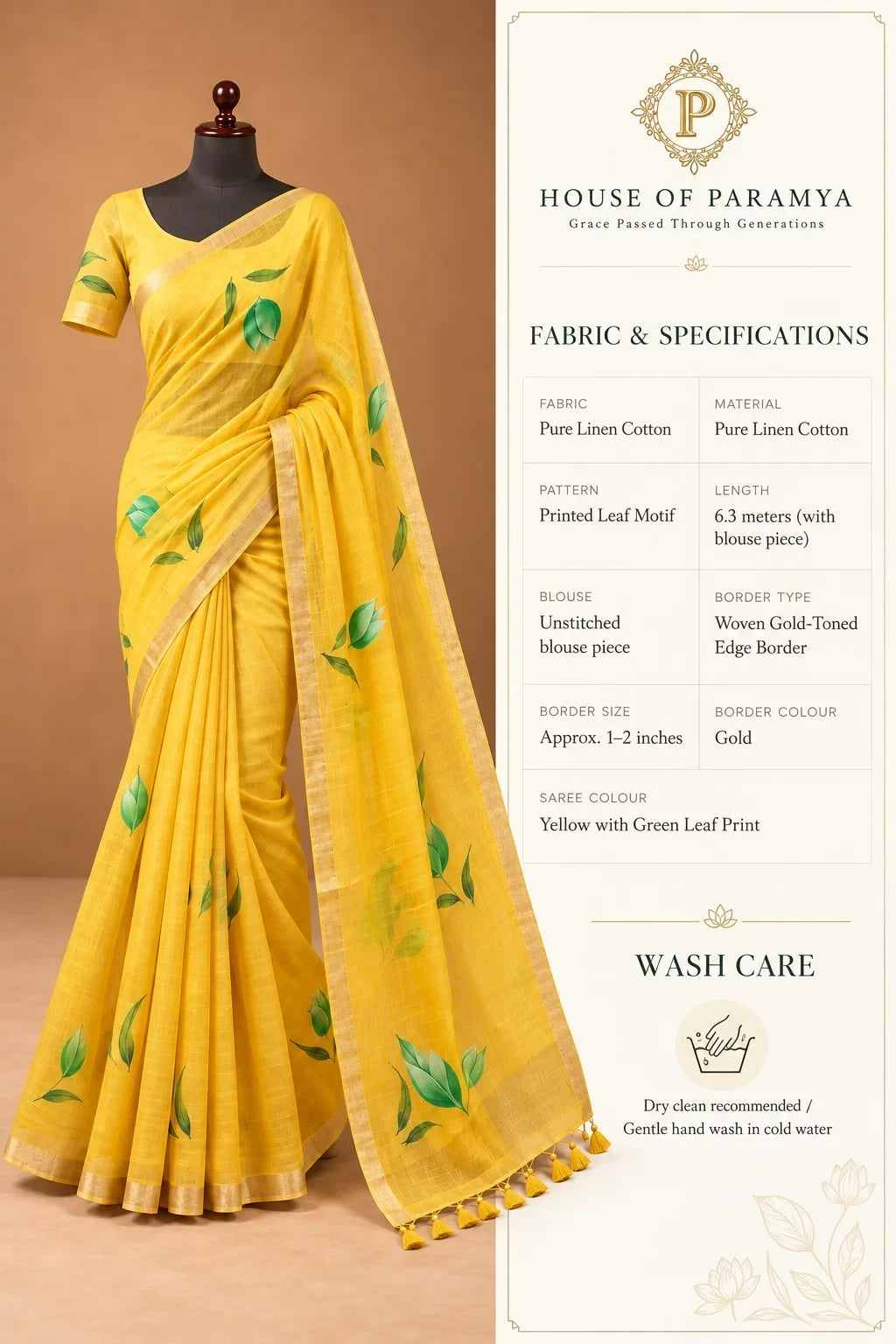 House Of Paramya yellow pure linen saree with green leaf motifs, gold border, and tasseled pallu on a mannequin.