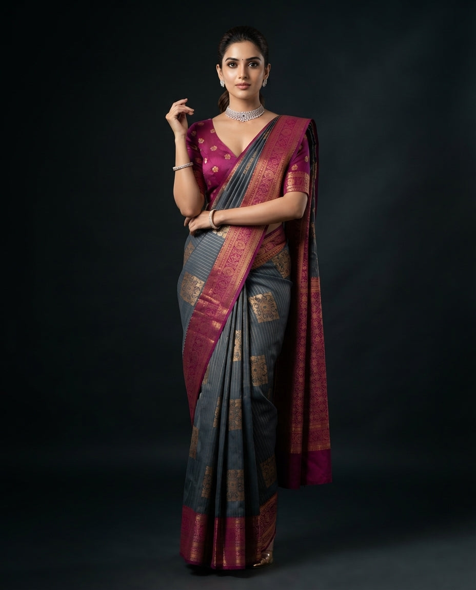 Grey Semi Kanchi Silk Saree with Maroon-Pink Gold Floral Jaal Pallu